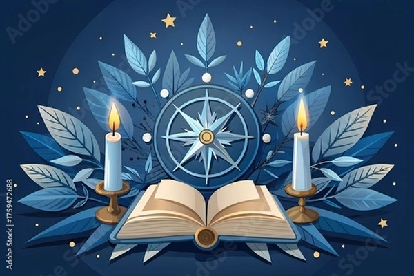 Fototapeta Mystical vector illustration featuring an open book, candles, compass rose, and foliage on dark blue