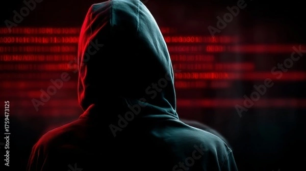 Fototapeta A hooded figure viewed from behind, shrouded in darkness with red digital code in the background, evoking a sense of mystery.