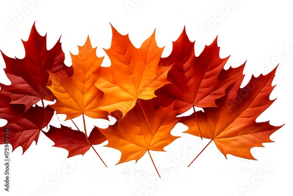 Fototapeta maple leaves isolated on white - Autumn Maple Leaf Gradient – Horizontal Row of Leaves Transitioning from Deep Red to Bright Orange and Yellow on White Background Representing Seasonal Change