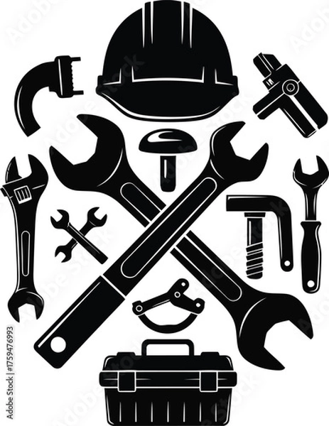 Obraz Vector art of collection of construction and plumbing tools, including a hard hat, wrenches, hammer, and toolbox