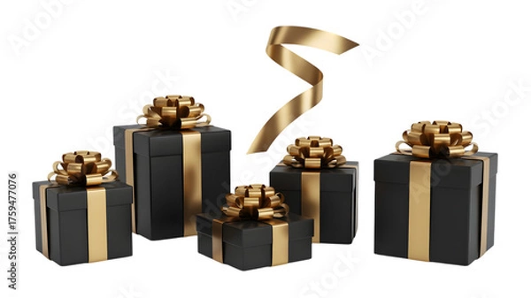 Obraz A collection of five black gift boxes with gold ribbon and bows, isolated on transparent background