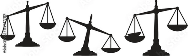 Obraz Vector art of three dark blue silhouette illustrations of justice scales