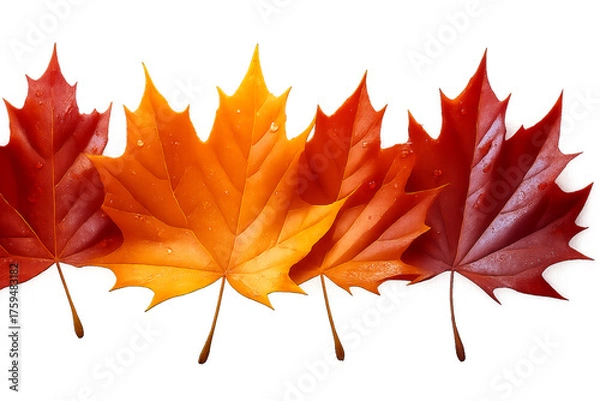 Fototapeta maple leaf isolated on white - Autumn Maple Leaf Gradient – Row of Five Leaves Transitioning from Bright Orange to Deep Red on White Background Representing Seasonal Change and Foliage Beauty
