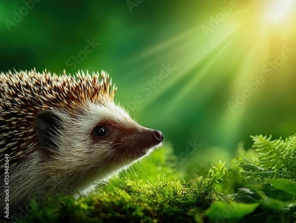 Obraz Hedgehog exploring vibrant woodland with sunlight shining through trees
