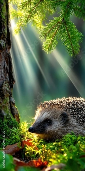 Obraz Hedgehog resting in bright woodland with sun rays shining through trees