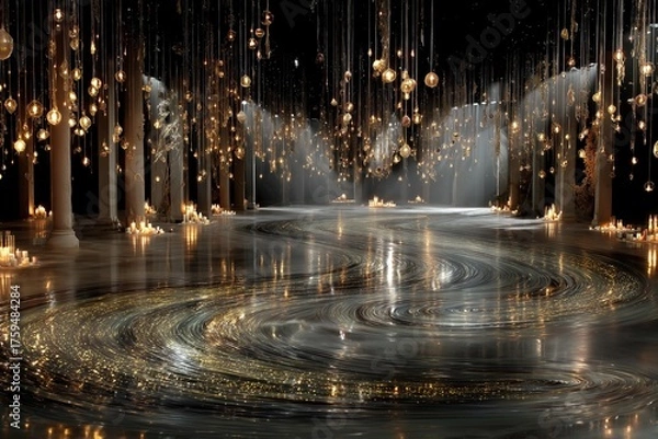 Obraz Elegant hall filled with hanging lights and glowing candles creating a serene atmosphere at night