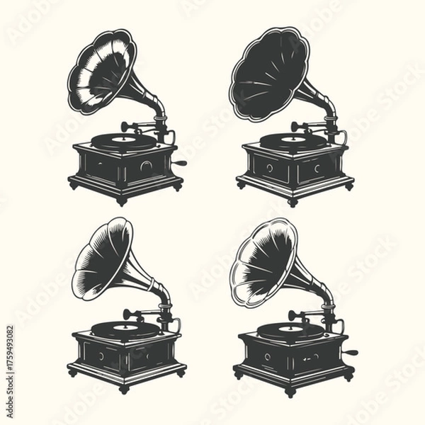 Obraz Vector art of vintage gramophone illustration, a collection of four antique record players with horns, isolated on a light background