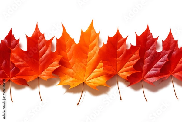 Fototapeta red maple leaf isolated - Autumn Maple Leaf Row – Gradient from Bright Orange and Yellow to Deep Red on White Background Representing Seasonal Change and Foliage Variation