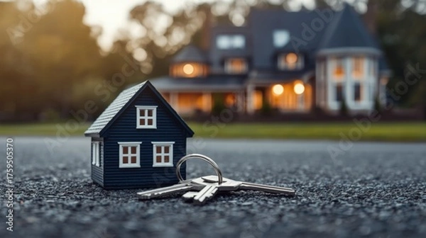 Obraz Toy house with keys symbolizing home ownership and security, perfect for real estate, mortgage, insurance, and property investment concepts.