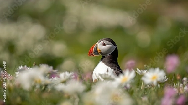 Obraz Atlantic puffin in natural habitat among flowers suitable for environmental, wildlife, and naturethemed projects, publications, and marketing materials.