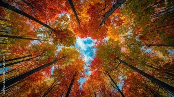 Obraz Autumn leaves against a clear blue sky, ideal for seasonal backgrounds and outdoor concepts. Suitable for autumnthemed designs.