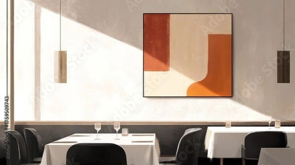 Fototapeta Modern restaurant interior with abstract art, sunlight, and empty tables