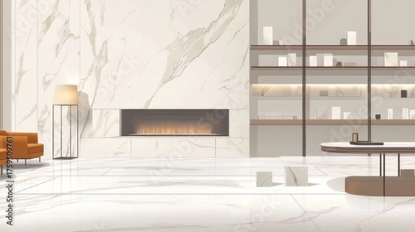 Fototapeta Modern marble lobby interior with fireplace and bookshelves. Possible use showcasing interior design