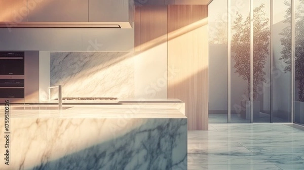 Fototapeta Modern kitchen with sunlight streaming through windows in a home setting