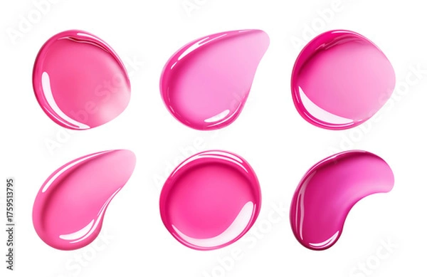 Fototapeta Set of glossy swatches of liquid lipstick or lip gloss, pink shades. Close-up of creamy texture with full coverage effect. Isolated element with clear even edge on transparent background