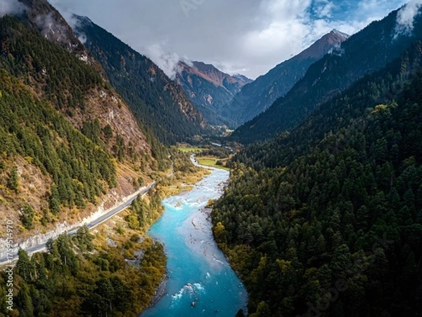 Obraz Aerial View of a Serene Mountain Valley with a Turquoise River and Lush Forests