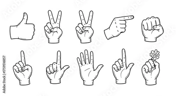 Fototapeta Line drawing of ten hand gestures including thumbs up peace sign pointing fist and holding a spinner toy
