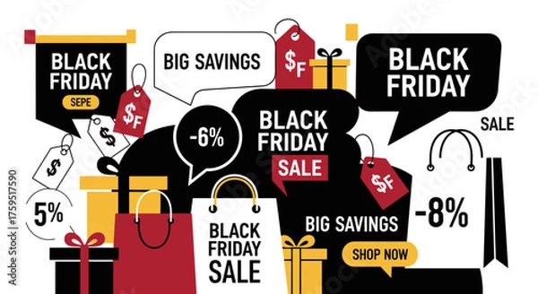 Fototapeta Black Friday sale background with shopping elements discounts and big savings offers