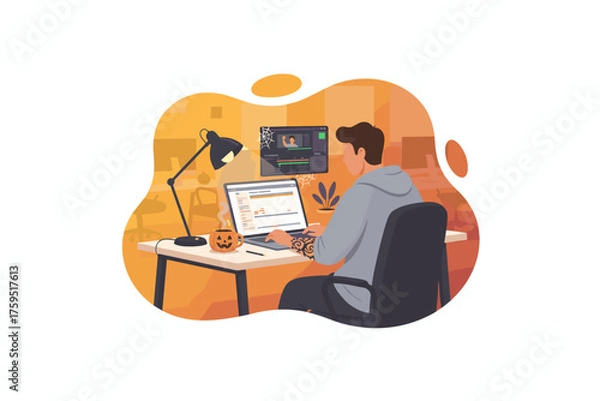 Fototapeta Man video editing and managing tasks on laptop in a decorated office Freelance Halloween business