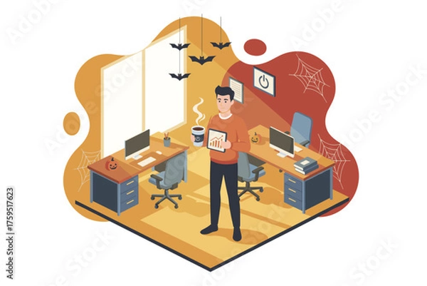 Fototapeta Professional working in a Halloweendecorated office holding tablet and coffee