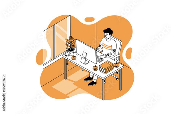 Fototapeta Man working on computer at Halloween decorated desk remote work concept