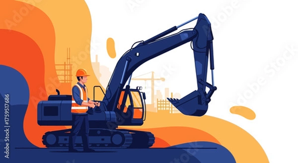 Fototapeta Construction worker operates an excavator at a building site representing industry and development