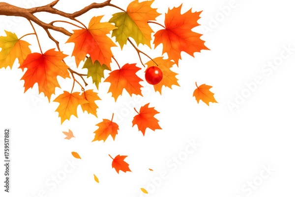 Fototapeta autumn leaves on white background - Autumn Branch with Falling Leaves – Red Fruit and Maple Leaves in Shades of Orange, Red, and Yellow on White Background Representing Seasonal Change