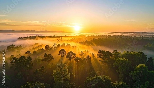 Fototapeta Sunrise Over Dense Forest Canopy With Golden Rays Piercing Through Foggy Mist Distant City Skyline Visible Under Warm Hues Sky