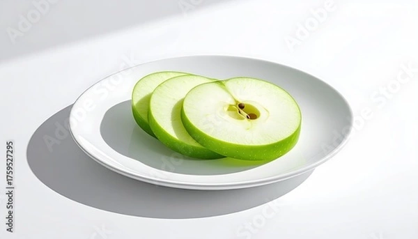Fototapeta Three Sliced Green Apples on a White Plate with Natural Light and Shadow on a White Background