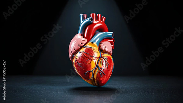 Fototapeta Vibrant human heart anatomy model showcasing intricate details and vital circulatory system, perfect for medical education and scientific exploration.