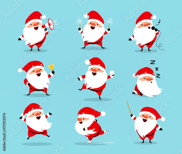 Fototapeta Collection of Christmas Santa Claus. Set of funny cartoon characters with different emotions. Vector illustration isolated on light blue