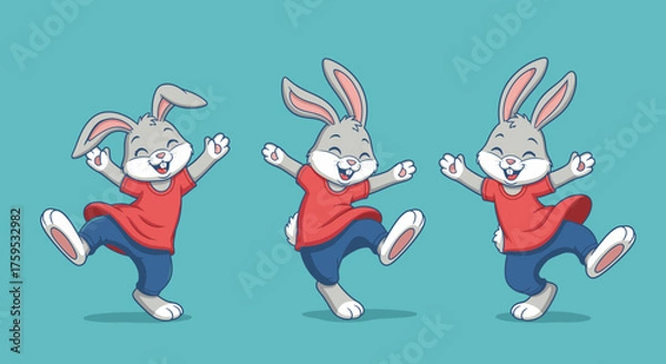 Obraz Three cartoon rabbits joyfully dancing with arms raised, wearing red shirts and blue pants.