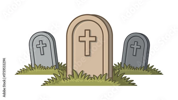 Fototapeta Three cartoon gravestones with crosses in grassy cemetery