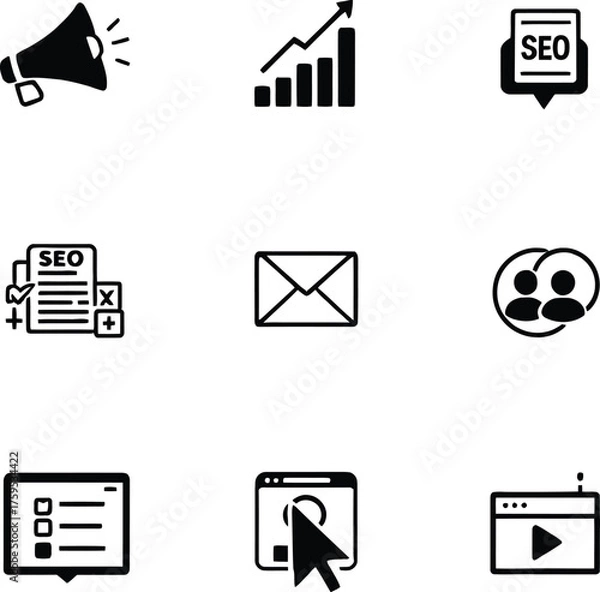 Obraz Seo marketing strategy and optimization vector icons for digital business and social media growth plan
