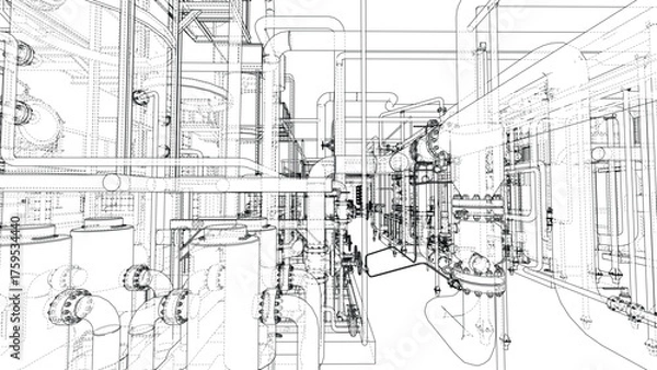 Fototapeta Complex Industrial Pipe Network Blueprint. Vector