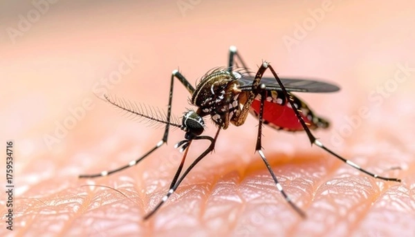 Fototapeta Close-up Extreme Macro View of a Mosquito Sucking Blood from Human Skin with Red Blood Visible Underneath Its Body in Warm Natural Light