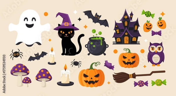 Fototapeta Adorable flat vector set of Halloween icons featuring pumpkins, ghost, black cat, haunted house, bats, cauldron, and mushrooms in bright orange, purple, and black tones for festive designs.