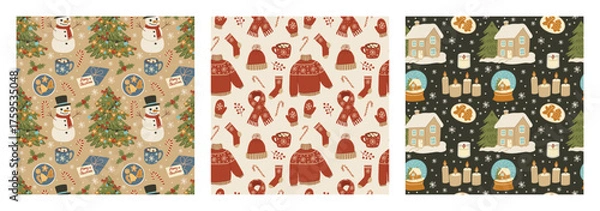 Fototapeta seamless pattern with Christmas elements, cozy winter endless background set