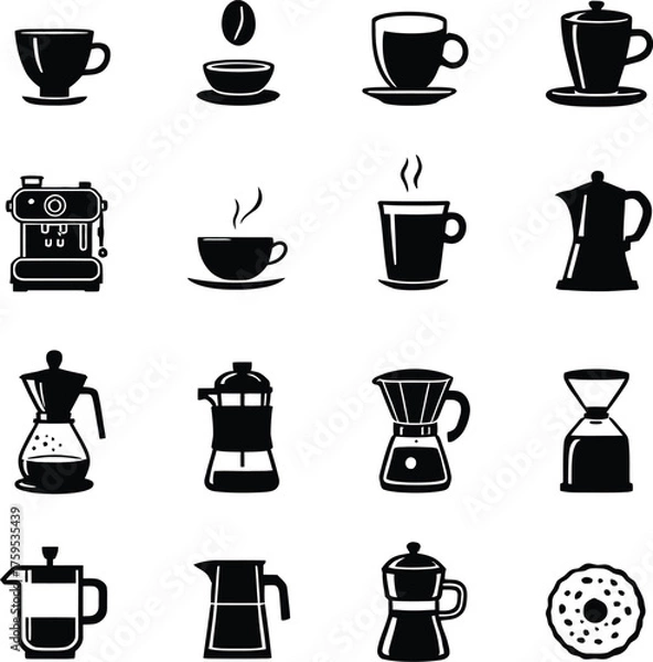 Obraz Coffee icons vector set various coffee preparation methods and coffee cups for cafe or restaurant 100