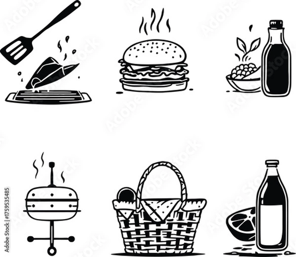 Obraz Black and white picnic barbecue grill burger food beverage vector illustration design element set