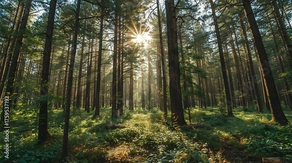 Fototapeta Green foliage bathes in the warm morning sun, lighting a peaceful path through the autumn pine forest