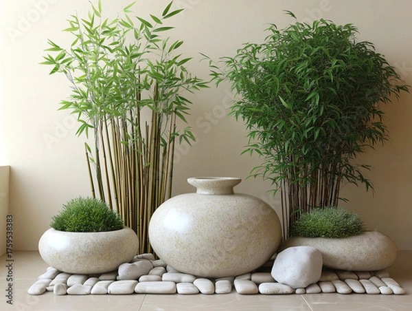 Fototapeta Naturally Balanced Arrangement of Bamboo and Stone