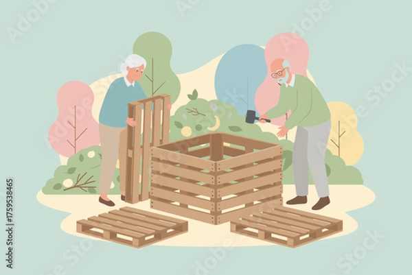Fototapeta Senior couple building a compost bin from pallets in their garden promoting sustainable living