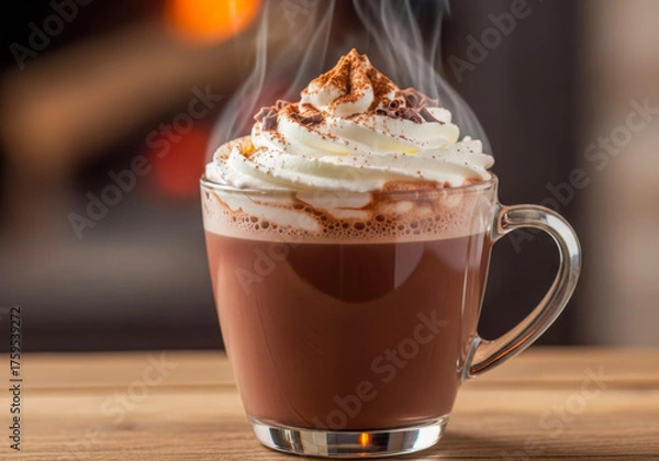 Fototapeta Delicious Steaming Hot Cocoa in a Clear Glass Mug, Crowned with Fluffy Whipped Cream, Cocoa Powder, and Chocolate Curls, a Warm Winter Treat.