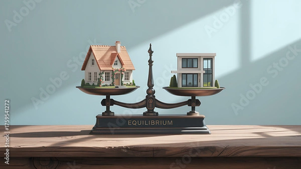 Fototapeta Balancing dreams: Traditional versus modern home ownership on elegant scales, conveying real estate investment choices and achieving financial equilibrium