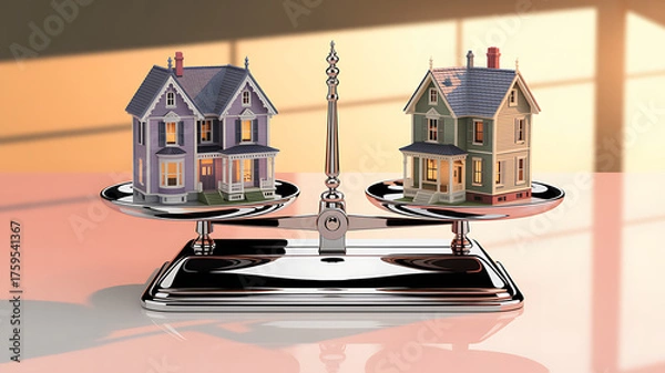 Fototapeta Balancing home buying decisions with vintage house models on scales, perfect for real estate, investment, or financial planning concepts with a classic feel