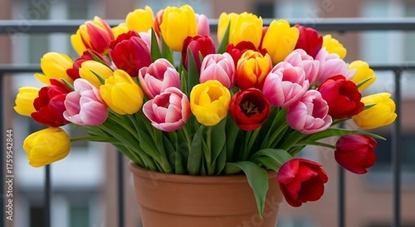 Fototapeta Vibrant tulip bouquet in a terracotta pot against a blurred background