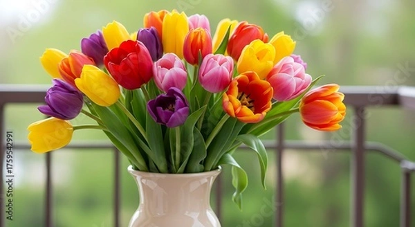 Fototapeta Vibrant tulip bouquet in a vase with colorful blossoms and green stems