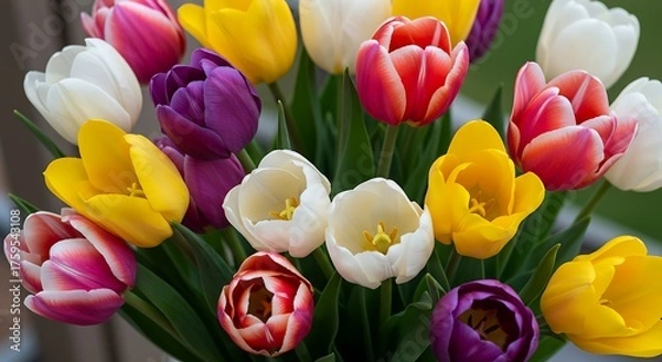 Fototapeta Vibrant tulip bouquet in full bloom with colorful petals and green stems
