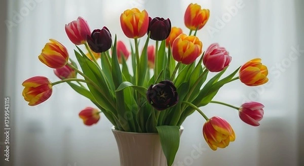 Fototapeta Vibrant tulip bouquet in vase displaying colorful petals and green stems